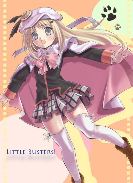 mako (lovely panda house), noumi kudryavka, little busters!, bad id, bad pixiv id, 1girl, blonde hair, blue eyes, bow, cape, fang, female focus, hat, outstretched arms, pink bow, plaid clothes, plaid skirt, school uniform, skirt, solo, spread arms, thighhighs