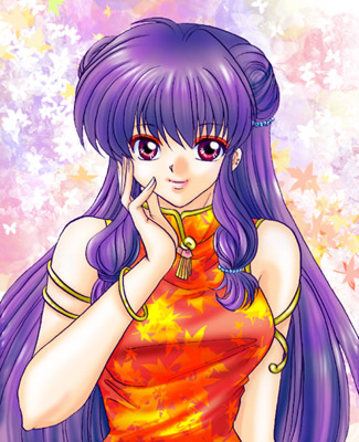 shampoo (ranma 1/2), ranma 1/2, artist request, lowres, tagme, 1girl, breasts, double bun, female focus, hair bun, large breasts, lips, lipstick, long hair, makeup, purple hair, red eyes, solo
