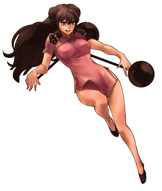 shampoo (ranma 1/2), ranma 1/2, tagme, brown eyes, brown hair, china dress, chinese clothes, chui, club (weapon), dress, hair ornament, open mouth, purple hair, red eyes, smile, weapon