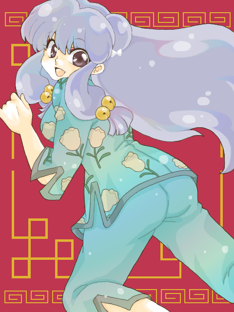 shampoo (ranma 1/2), ranma 1/2, from behind, looking back, purple hair, red eyes