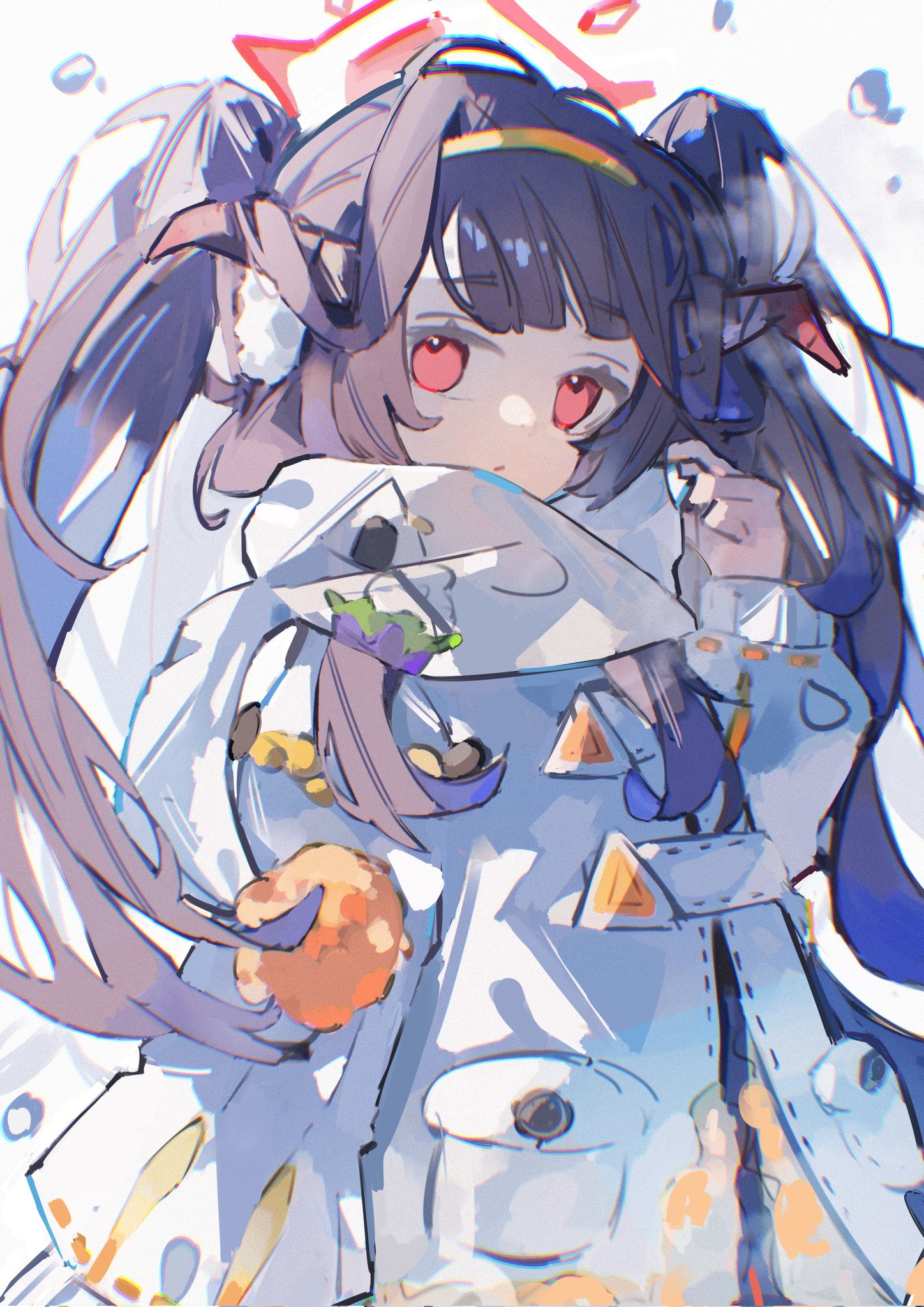 fuuka (blue archive), blue archive, commentary request, highres, 1girl, alternate costume, black hair, blunt bangs, chromatic aberration, closed mouth, demon girl, demon horns, earmuffs, expressionless, halo, horns, jacket, long hair, long sleeves, looking at viewer, playing with own hair, red eyes, red halo, scarf, simple background, snowing, solo, twintails, upper body, white background, white jacket, white scarf, wrdij5w0rg31830