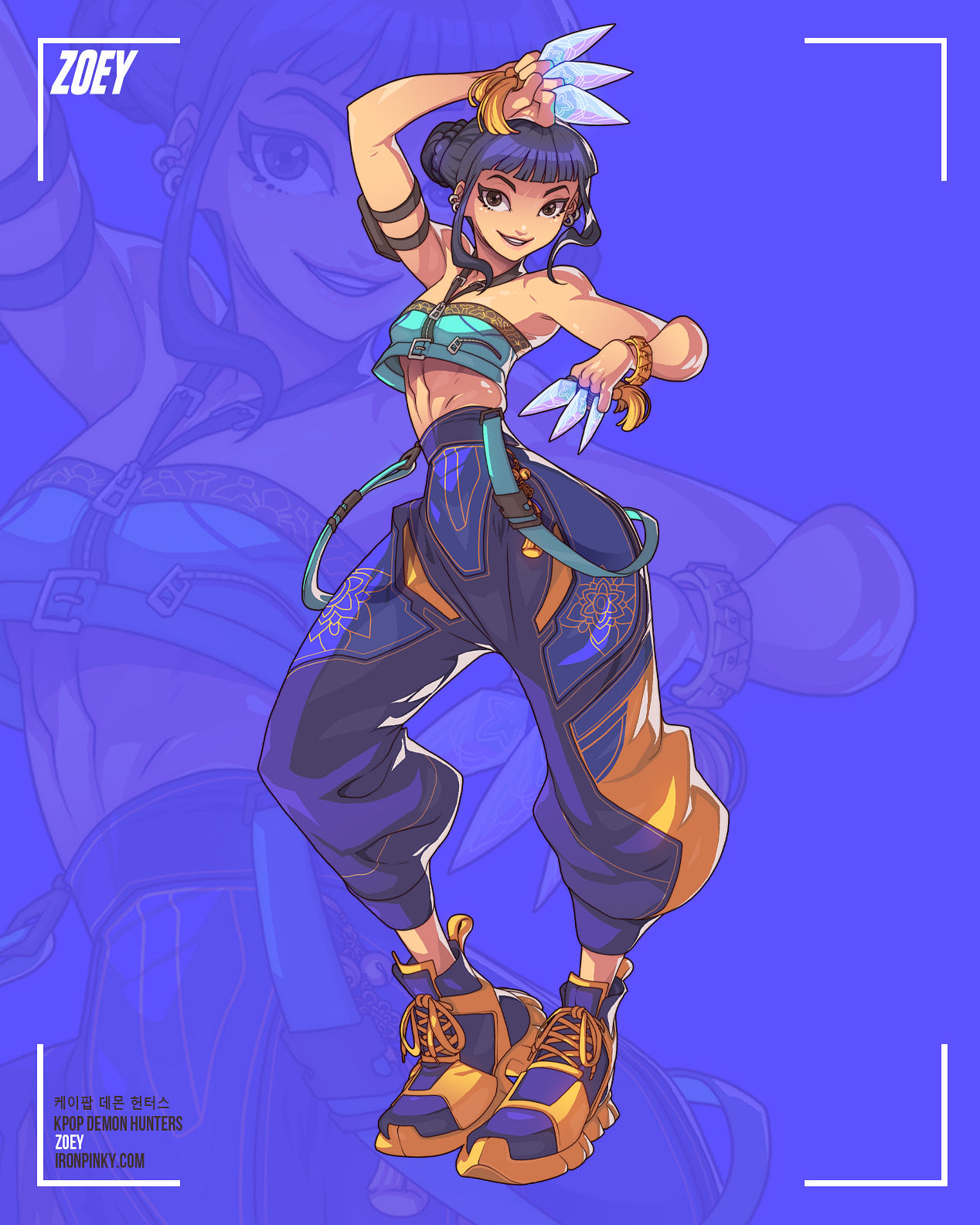edwin huang, zoey (kpop demon hunters), kpop demon hunters, commentary, english commentary, highres, 1girl, arm pouch, black hair, blue background, blunt bangs, character name, double bun, earrings, hair bun, halterneck, holding, holding weapon, jewelry, looking at viewer, multiple views, pants, shoes, sidelocks, smile, sneakers, weapon