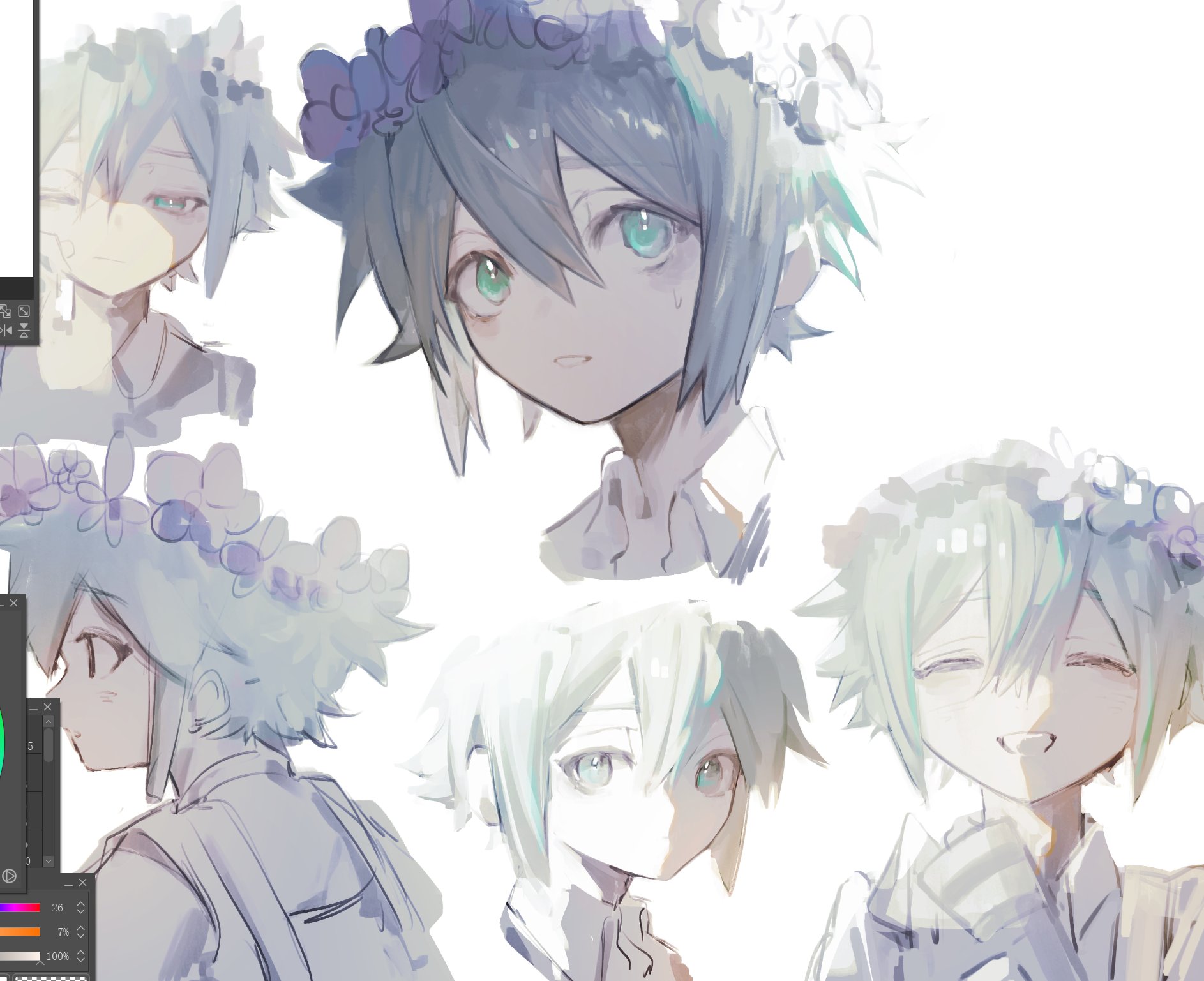 tomomu 0, basil (headspace) (omori), basil (omori), omori, highres, 1boy, art program in frame, closed eyes, closed mouth, collared shirt, double-parted bangs, flower, flower wreath, green eyes, green hair, hair between eyes, head wreath, looking at viewer, male focus, one eye closed, open mouth, overalls, parted lips, shirt, short hair, sidelocks, simple background, smile, solo, teeth, upper body, upper teeth only, white background