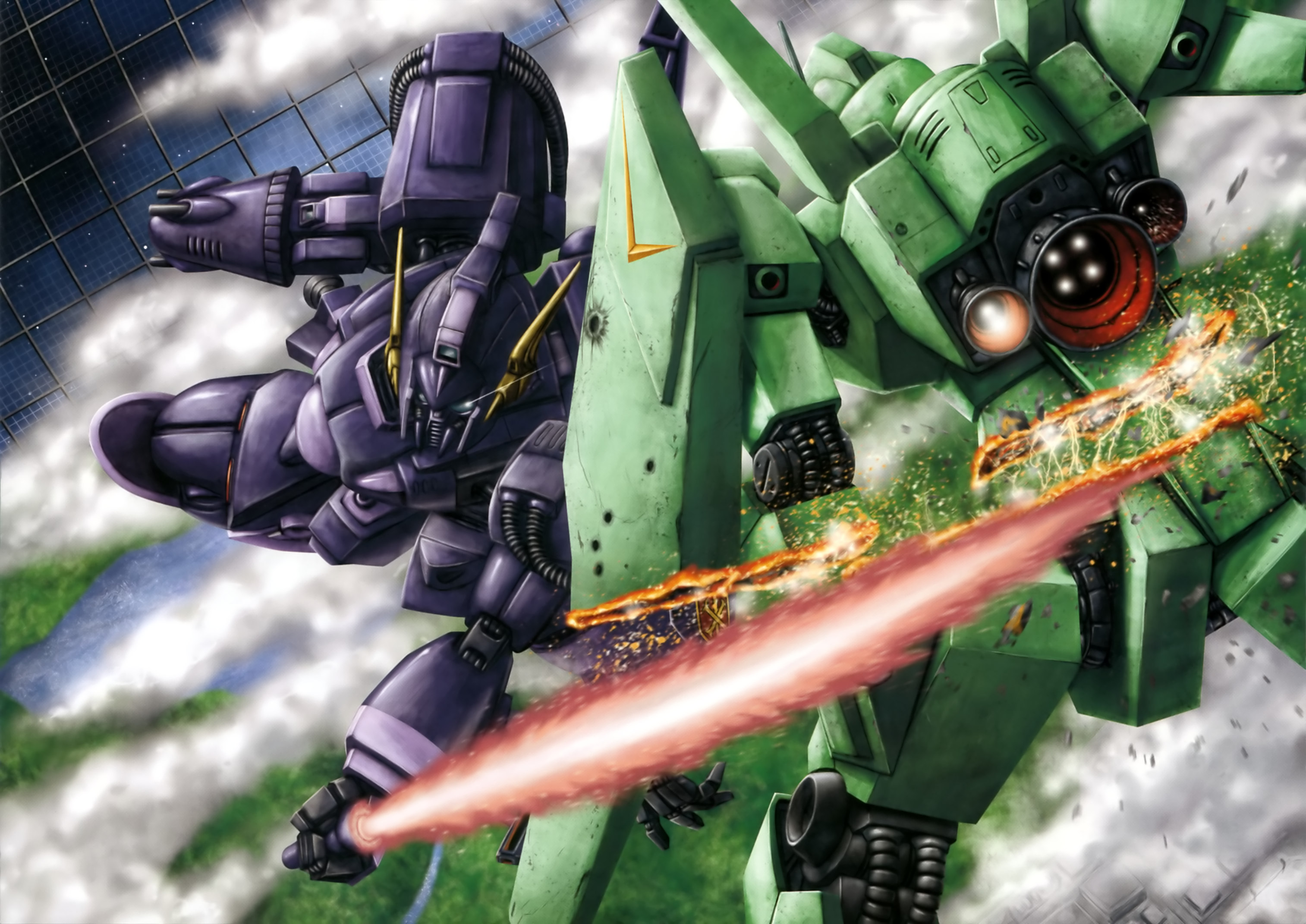 berga giros, jegan, gundam, gundam f91, artist request, highres, magazine scan, official art, painting (medium), promotional art, scan, traditional media, bullet hole, cable, cloud, crossbone vanguard, destruction, earth federation, energy sword, flying, glowing, glowing eyes, gun, gundam perfect file, holding, holding sword, holding weapon, lens flare, machine gun, machinery, mecha, mecha focus, mobile suit, no humans, o'neill cylinder, realistic, robot, science fiction, shield, shot lancer, space habitat, sword, thrusters, weapon