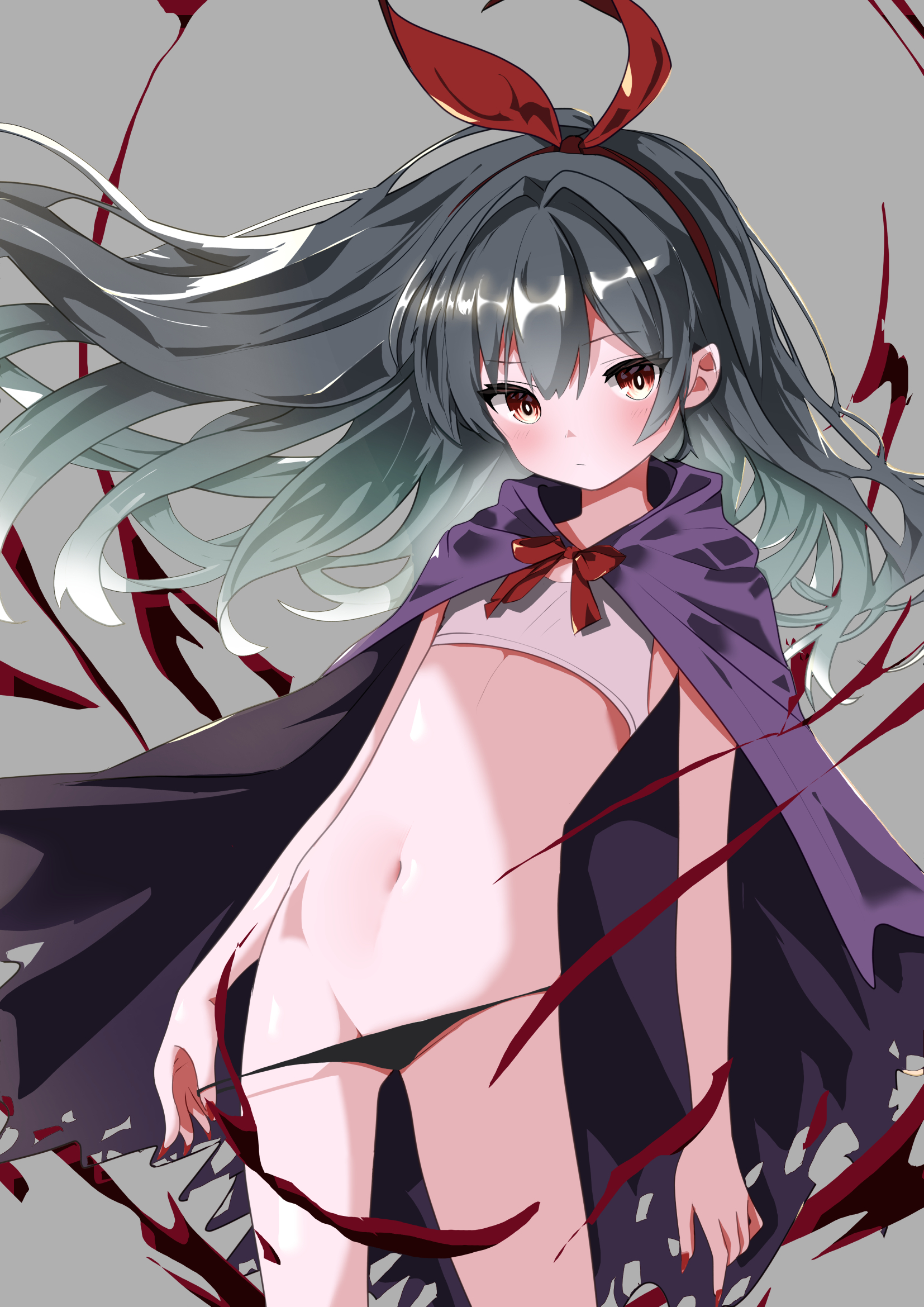 hogihogi3ta, original, commentary request, highres, 1girl, black panties, cape, cowboy shot, flat chest, floating hair, grey background, grey hair, hair ribbon, leaning to the side, long hair, looking at viewer, panties, petite, purple cape, red eyes, red ribbon, ribbon, simple background, solo, sports bra, underwear, white sports bra