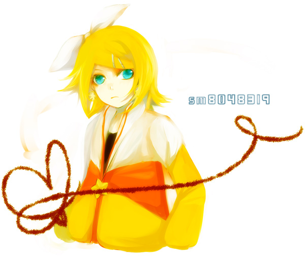 soriku, kagamine rin, juvenile (vocaloid), vocaloid, bad id, bad pixiv id, 1girl, aqua eyes, blonde hair, female focus, hair ornament, hair ribbon, hairclip, ribbon, short hair, solo, white background