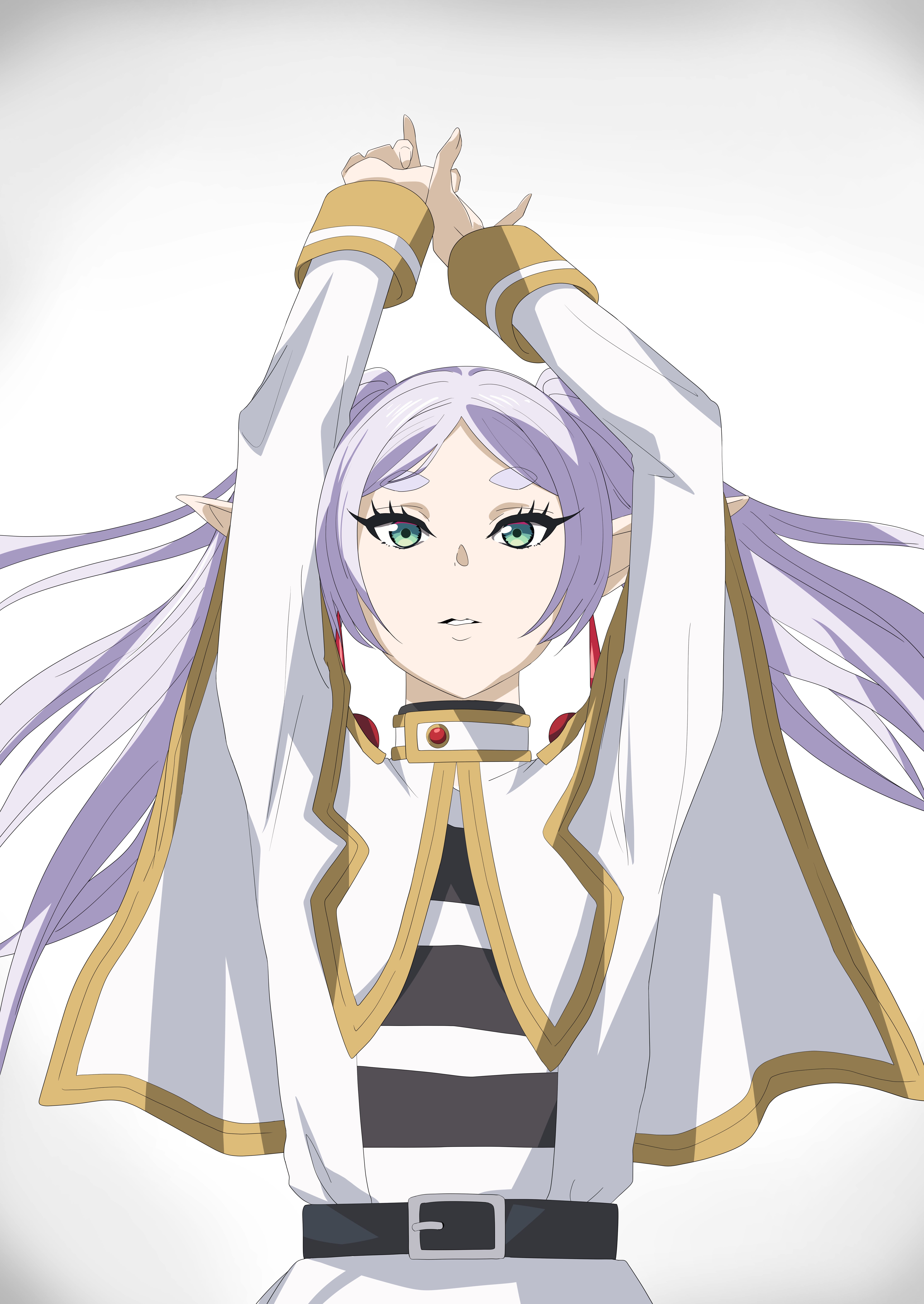 tonotyama, frieren, sousou no frieren, absurdres, highres, 1girl, arms up, belt, black belt, dress, earrings, elf, green eyes, jewelry, long hair, long sleeves, looking at viewer, parted bangs, pointy ears, solo, twintails, white dress, white hair