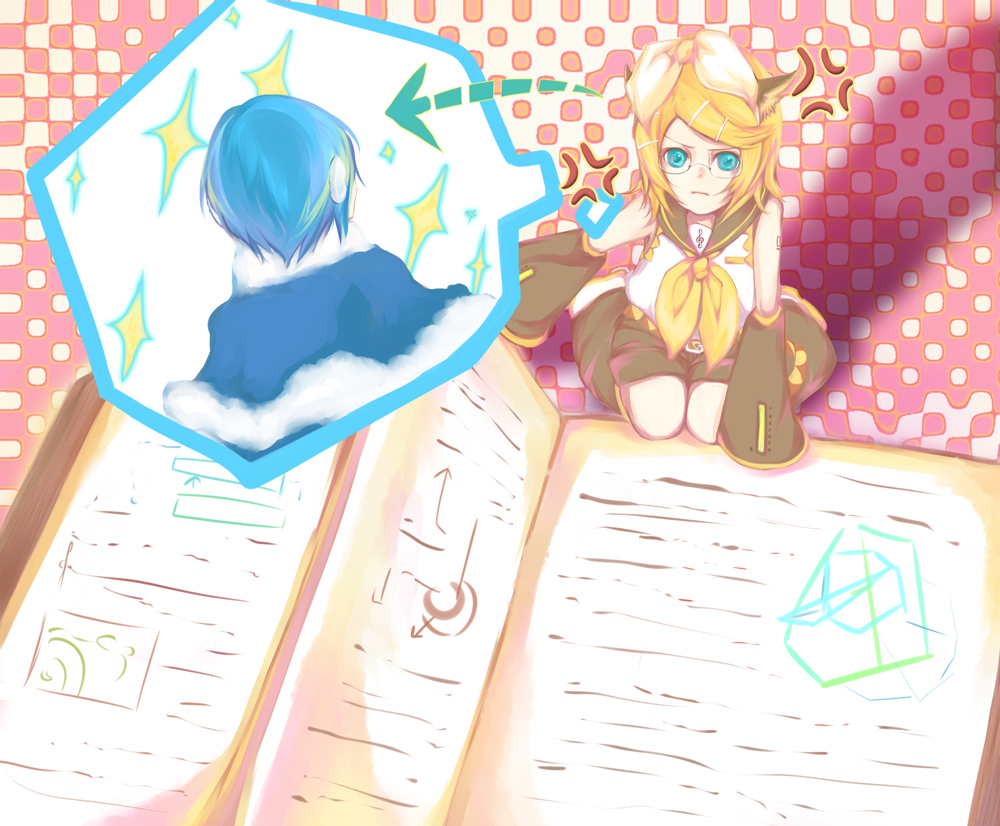 soriku, kagamine rin, kaiko (vocaloid), kaito (vocaloid), vocaloid, bad id, bad pixiv id, gender request, 1boy, 1girl, animal ears, blonde hair, blue eyes, book, book focus, detached sleeves, genderswap, glasses, hair ornament, hair ribbon, hairclip, ribbon, short hair