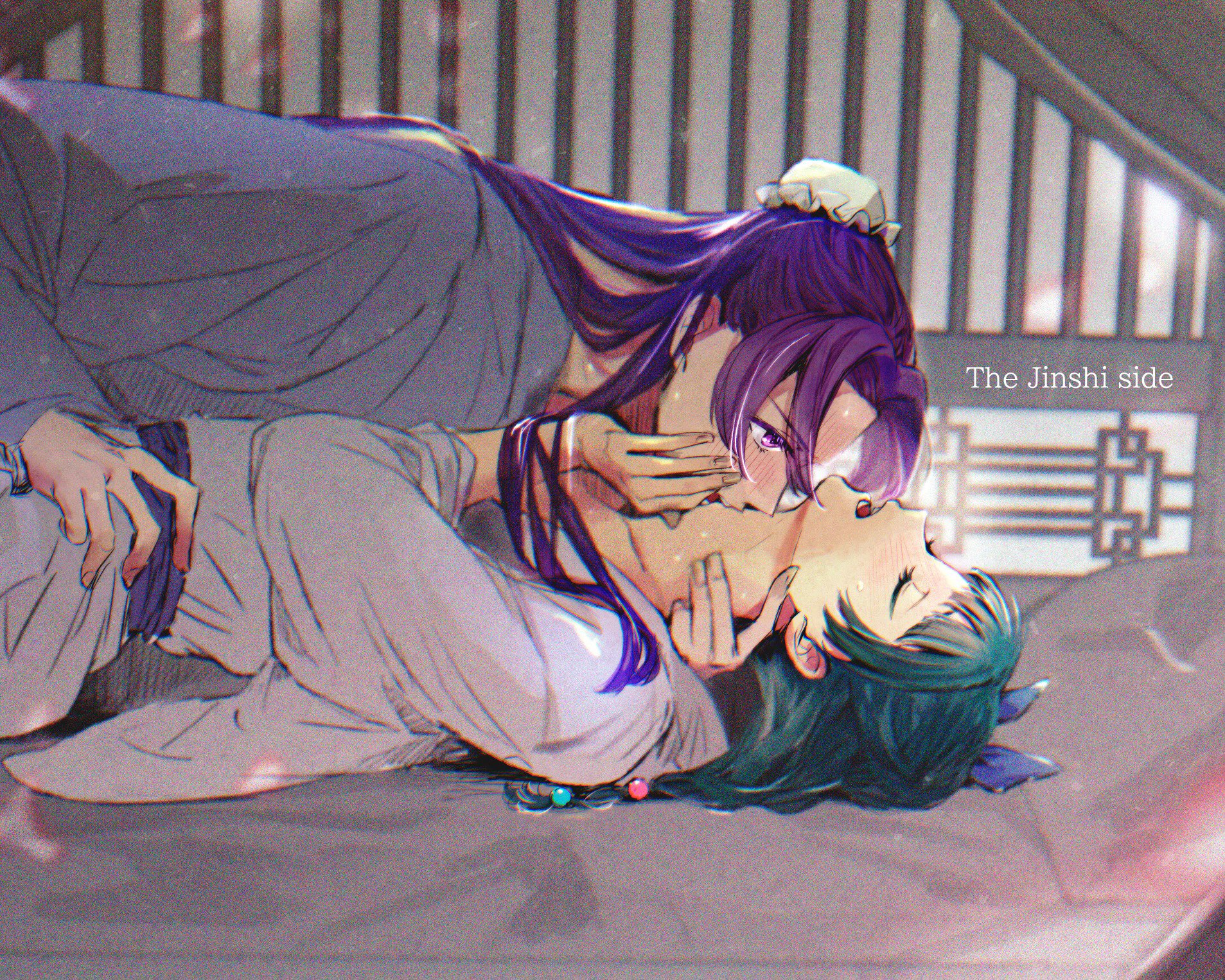 chii (chi hrd), jinshi (kusuriya no hitorigoto), maomao (kusuriya no hitorigoto), kusuriya no hitorigoto, commentary request, highres, 1boy, 1girl, beads, biting, blue ribbon, blunt bangs, blush, bun cover, character name, closed eyes, couple, english text, green hair, grey robe, hair beads, hair bun, hair ornament, hair ribbon, half updo, hand on another's cheek, hand on another's face, hand on another's neck, hand on another's waist, hetero, long hair, looking at another, neck biting, open mouth, parted bangs, pink eyes, purple hair, ribbon, robe, white robe