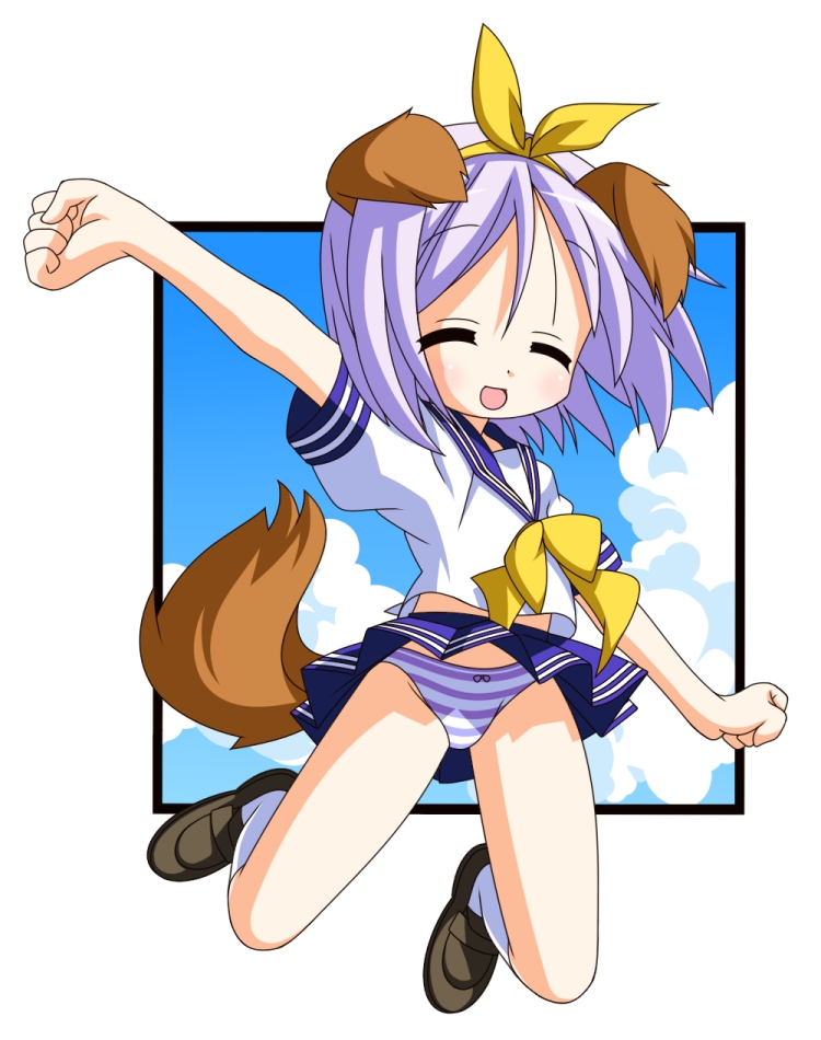 rindou (awoshakushi), hiiragi tsukasa, lucky star, 00s, animal ears, closed eyes, clothes lift, dog ears, dog tail, jumping, panties, pantyshot, purple hair, school uniform, serafuku, short hair, skirt, skirt lift, solo, striped clothes, striped panties, tail, underwear, upskirt