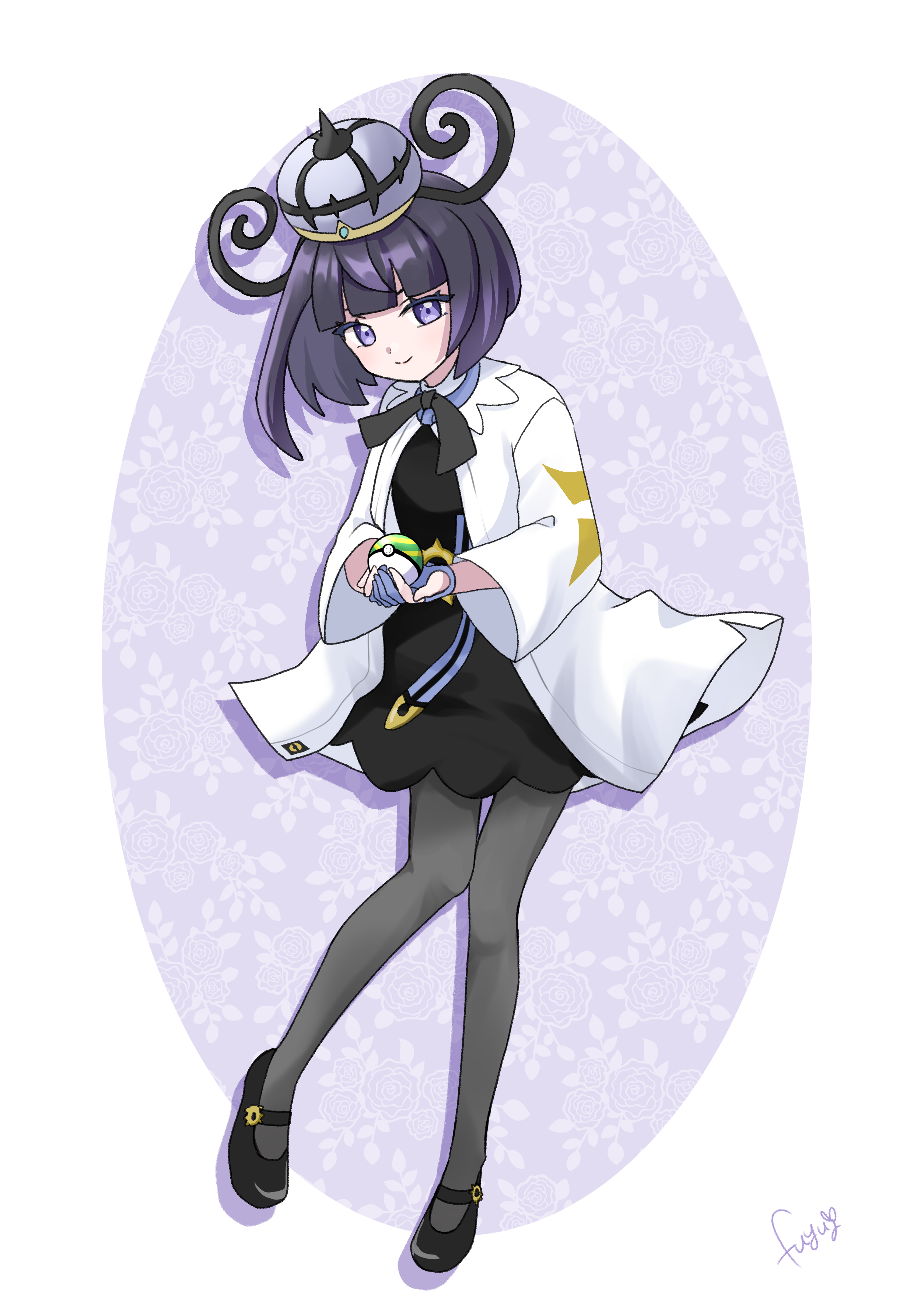 fuyukusa 1, gwynn (pokemon), nintendo, pokemon, pokemon legends: z-a, absurdres, commentary request, highres, 1girl, artist name, belt, black dress, black pantyhose, black shoes, blue gloves, blunt bangs, bob cut, closed mouth, coat, dress, eyelashes, full body, gloves, hat, holding, holding poke ball, long sleeves, looking at viewer, nest ball, o-ring, o-ring belt, open clothes, open coat, pantyhose, partially fingerless gloves, poke ball, shoes, short hair, smile, solo, white coat