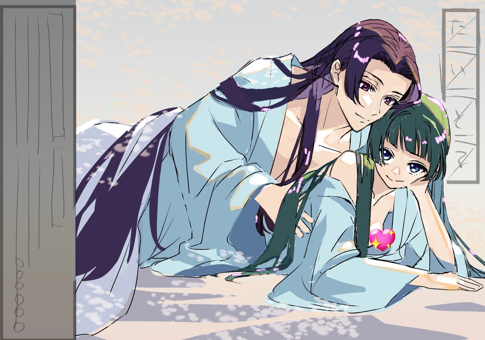 chii (chi hrd), jinshi (kusuriya no hitorigoto), maomao (kusuriya no hitorigoto), kusuriya no hitorigoto, commentary request, highres, 1boy, 1girl, blue eyes, blue robe, blunt bangs, censored, chinese clothes, couple, green hair, head on hand, heart, heart censor, hetero, long hair, open clothes, open robe, parted bangs, purple eyes, purple hair, robe, single bare shoulder, sketch, smile, straight hair, very long hair, wide sleeves