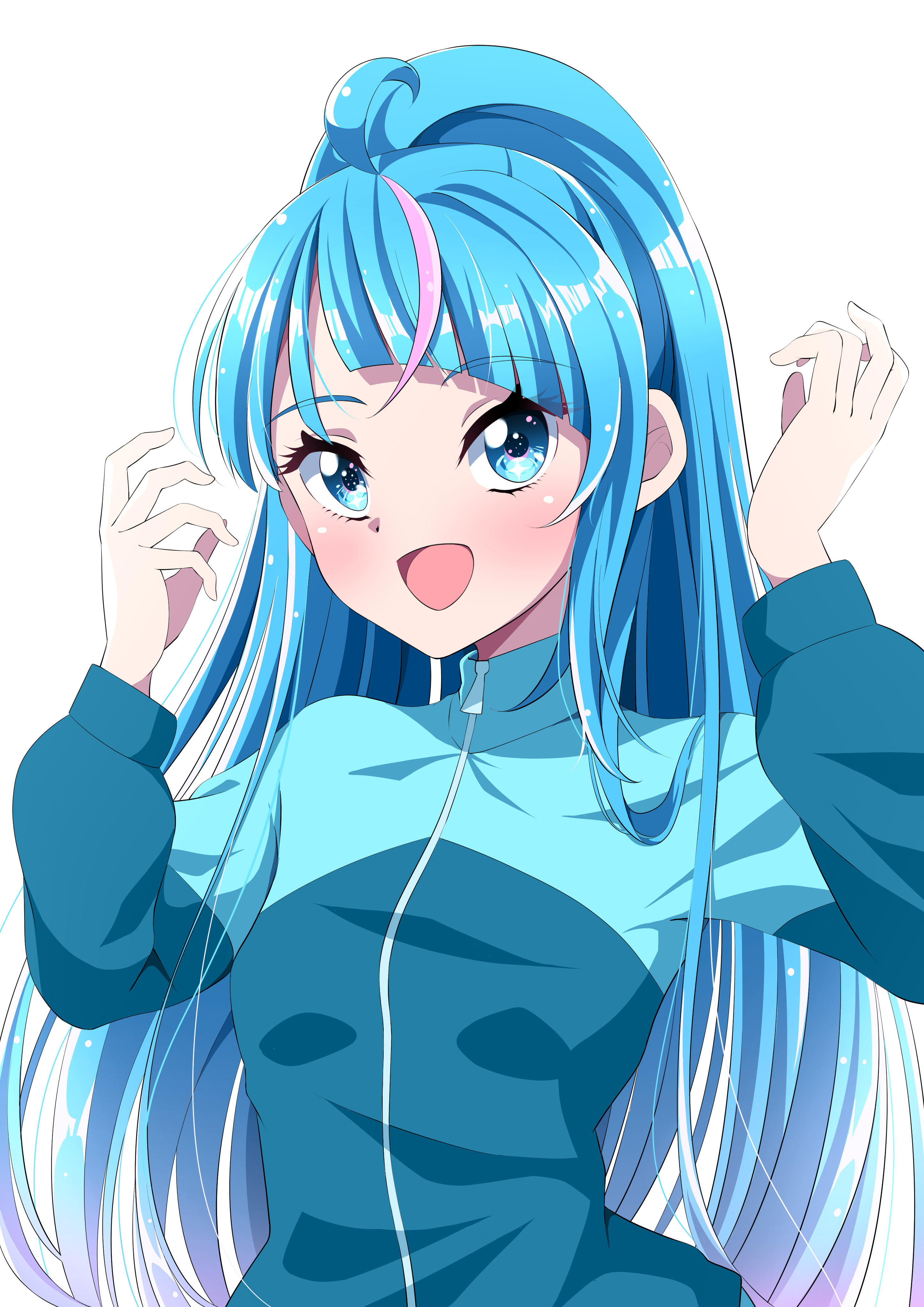 s-operator, cure sky, sora harewataru, hirogaru sky! precure, precure, absurdres, commentary, highres, 1girl, ahoge, blue eyes, blue hair, blue jacket, gradient hair, jacket, long sleeves, looking at viewer, multicolored hair, open mouth, ponytail, short hair, simple background, smile, solo, standing, streaked hair, track jacket, upper body, very short hair, white background