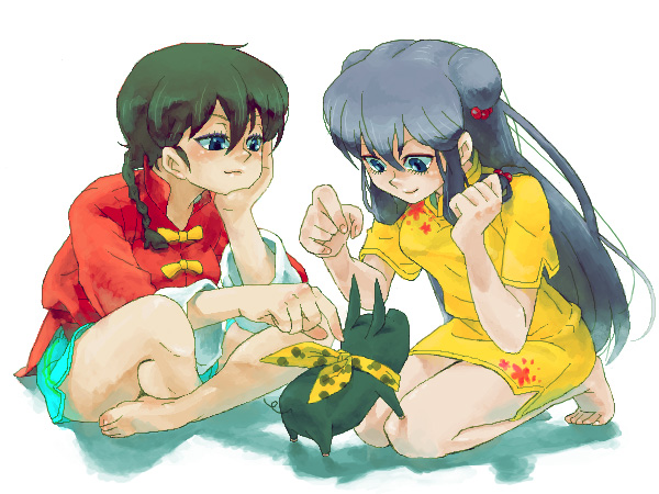 apple-boy, p-chan, ranma-chan, saotome ranma, shampoo (ranma 1/2), ranma 1/2, gender request, 2girls, blue eyes, couple, genderswap, multiple girls, oekaki, pig