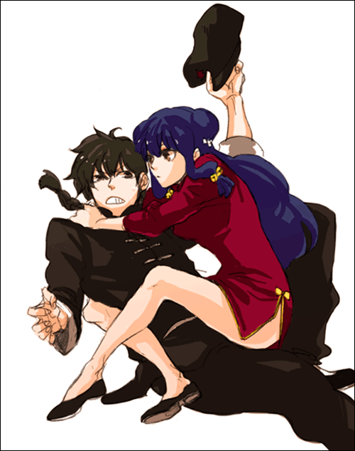 saotome ranma, shampoo (ranma 1/2), ranma 1/2, 1boy, 1girl, blue eyes, braid, chinese clothes, couple, hetero, hug, purple hair, single braid