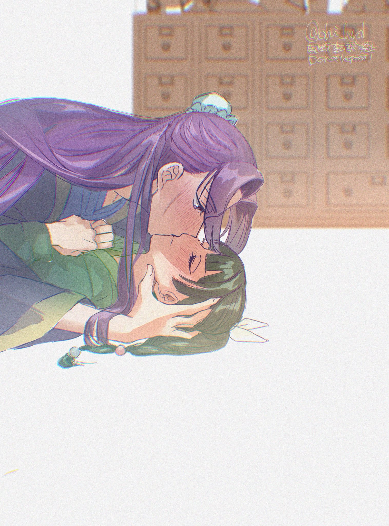 chii (chi hrd), jinshi (kusuriya no hitorigoto), maomao (kusuriya no hitorigoto), kusuriya no hitorigoto, commentary request, highres, 1boy, 1girl, beads, blue robe, blunt bangs, blush, bun cover, closed eyes, couple, facial scar, green hair, green shirt, hair beads, hair bun, hair ornament, hair ribbon, half updo, hand in another's hair, hands on own chest, hetero, kiss, long hair, looking at another, on floor, parted bangs, purple hair, ribbon, robe, scar, scar on cheek, scar on face, shirt, twitter username, upper body, white ribbon