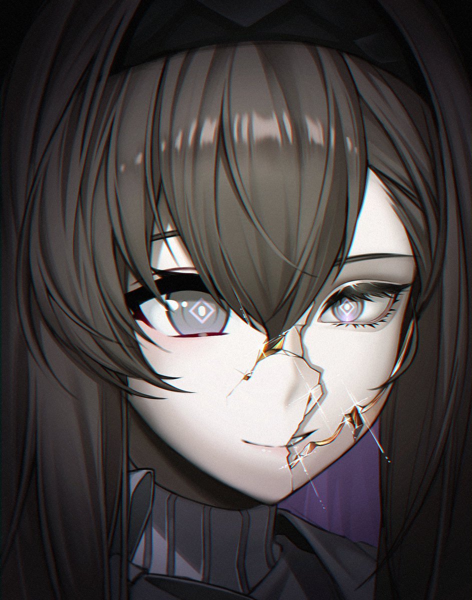 etru faufau, priestess (arknights), arknights, commentary, english commentary, highres, 1girl, brown hair, close-up, colored inner hair, cracked kawaii mask, cracked mask, diamond-shaped pupils, diamond (shape), grey hair, grin, hair intakes, long hair, looking at viewer, multicolored hair, portrait, purple eyes, purple hair, smile, solo, symbol-shaped pupils