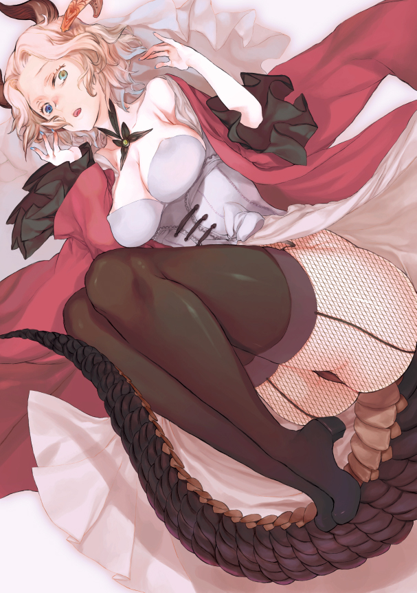 leiror, original, 1girl, ass, breasts, cleavage, corset, dragon girl, female focus, fishnet pantyhose, fishnets, garter straps, heterochromia, horns, large breasts, legs, monster girl, pantyhose, solo, tail, thighhighs, white hair