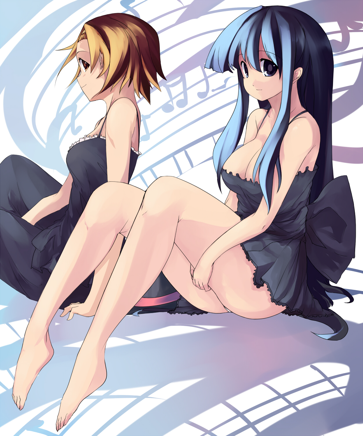 saiste, akiyama mio, tainaka ritsu, k-on!, highres, 00s, 2girls, bare shoulders, barefoot, breasts, brown hair, cleavage, feet, large breasts, legs, long hair, looking back, multiple girls, profile, sitting