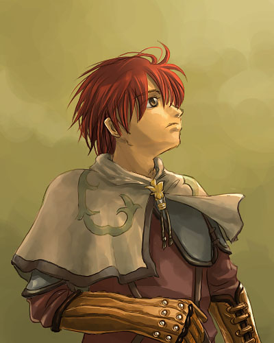 swordsman (ragnarok online), ragnarok online, commentary request, lowres, 1boy, brown capelet, brown eyes, brown gloves, brown shirt, capelet, closed mouth, dated commentary, expressionless, gloves, long sleeves, looking afar, male focus, oomojiya, red hair, shirt, short hair, solo, upper body, yellow background