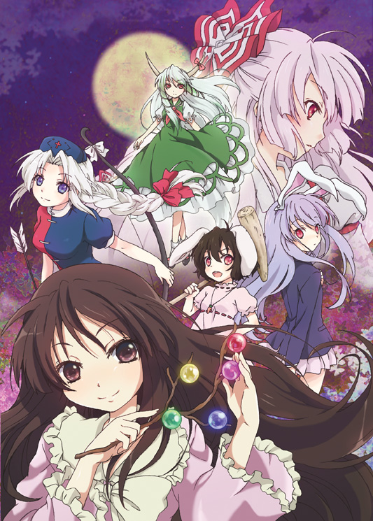 kona, kona (canaria), ex-keine, fujiwara no mokou, houraisan kaguya, inaba tewi, kamishirasawa keine, reisen udongein inaba, yagokoro eirin, touhou, silver hair, bad id, bad pixiv id, 6+girls, animal ears, arrow (projectile), blazer, blue eyes, bow, bow (weapon), braid, brown hair, everyone, female focus, green hair, hair ribbon, hammer, hat, horns, jacket, long hair, moon, multiple girls, necktie, purple hair, rabbit ears, red eyes, ribbon, short hair, suspenders, weapon