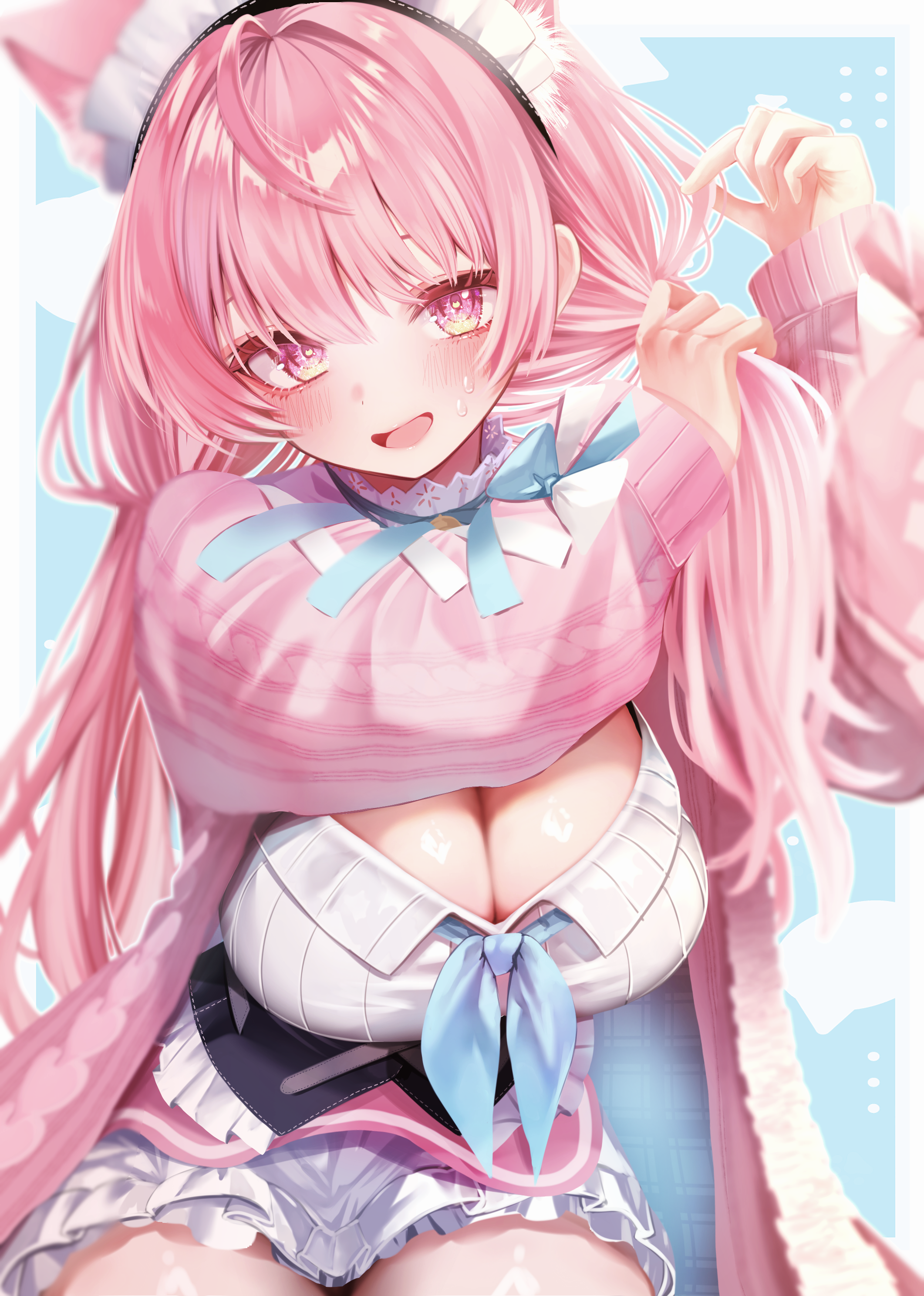 iam ciikawa, yuuki sakuna, yuuki sakuna (3rd costume), indie virtual youtuber, absurdres, commentary request, highres, 1girl, adjusting hair, ahoge, animal ear fluff, animal ears, blue background, blue ribbon, blurry, blush, border, breasts, cardigan, cat ears, cat girl, cleavage, criss-cross straps, depth of field, dress, extra ears, frilled dress, frills, hair intakes, hairband, hands up, large breasts, long hair, long sleeves, looking at viewer, low twintails, maid, maid headdress, open mouth, pink cardigan, pink eyes, pink hair, ribbon, sitting, smile, solo, sweat, thighs, twintails, two-sided fabric, very long hair, virtual youtuber, white border, white dress
