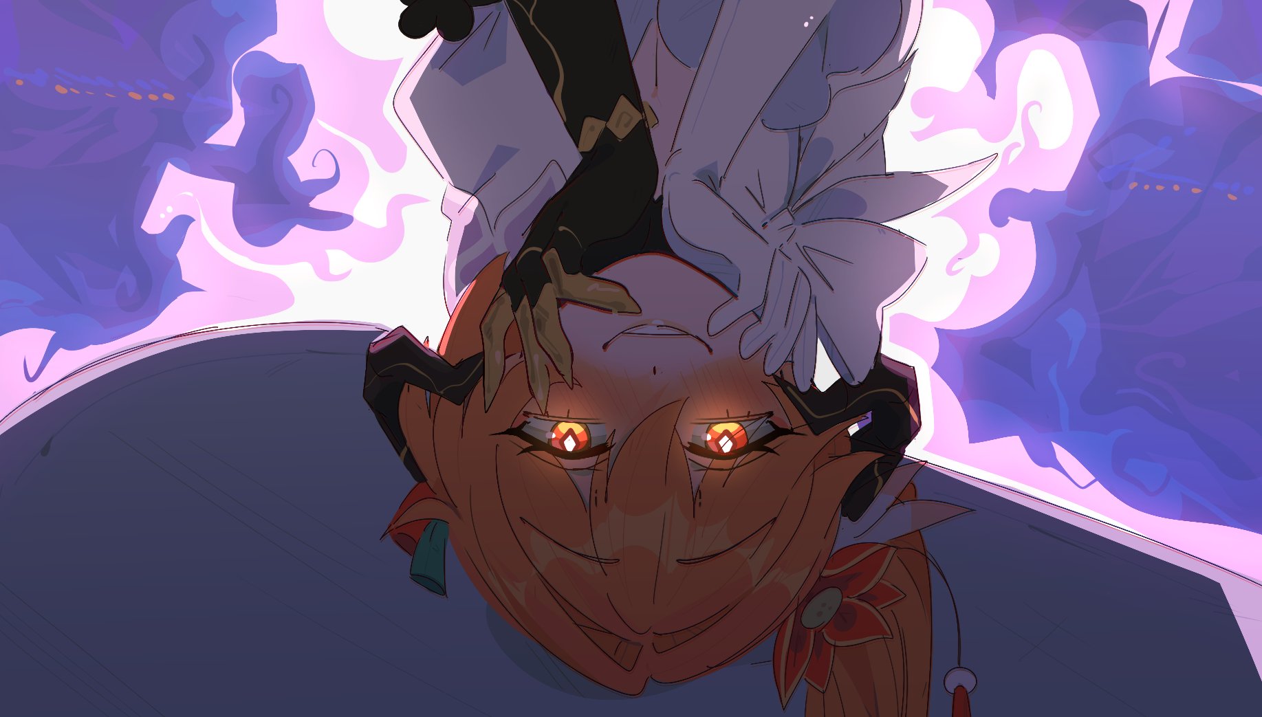 unfamousradish, constance (honkai: star rail), guinaifen (honkai: star rail), honkai: star rail, honkai (series), commentary, english commentary, highres, 1girl, asymmetrical gloves, black gloves, breasts, cleavage, constance (honkai: star rail) (cosplay), cosplay, gloves, glowing, glowing eyes, grin, horns, looking at viewer, mismatched gloves, orange eyes, orange hair, smile, solo, upper body, white gloves