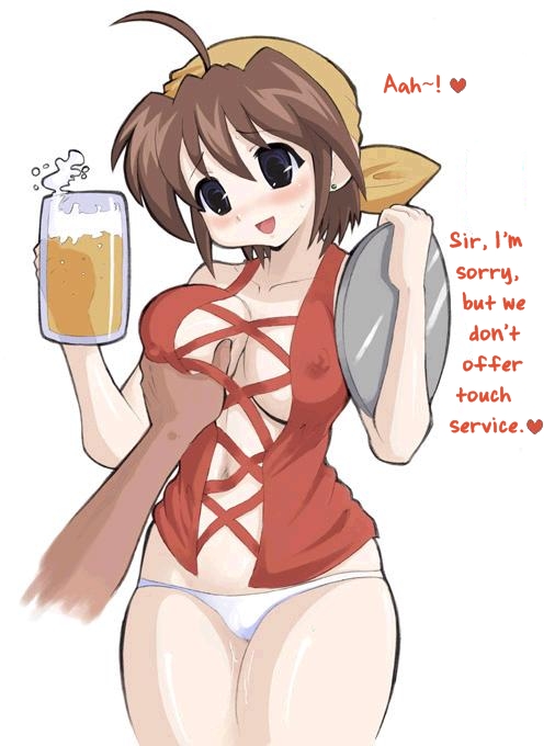 daiwa mie, b-daman, b-densetsu! battle b-daman, battle b-daman, hard-translated, third-party edit, translated, 00s, 1990s (style), 1girl, ahoge, alcohol, bandana, beer, blue eyes, blush, breasts, brown hair, cleavage, covered erect nipples, cup, earrings, grabbing another's breast, groping, hat, jewelry, lowleg, lowleg panties, male hand, mature female, mug, no bra, panties, pov, retro artstyle, short hair, sleeveless, smile, tray, underwear, waitress, white background, white panties