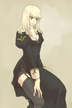 priest (ragnarok online), ragnarok online, commentary request, lowres, 1girl, black dress, black thighhighs, blonde hair, closed mouth, cross, cross necklace, dated commentary, dress, feet out of frame, garter straps, grey background, hand on own knee, invisible chair, jewelry, juliet sleeves, long hair, long sleeves, looking afar, necklace, oomojiya, puffy sleeves, purple eyes, side slit, simple background, sitting, smile, solo, thighhighs