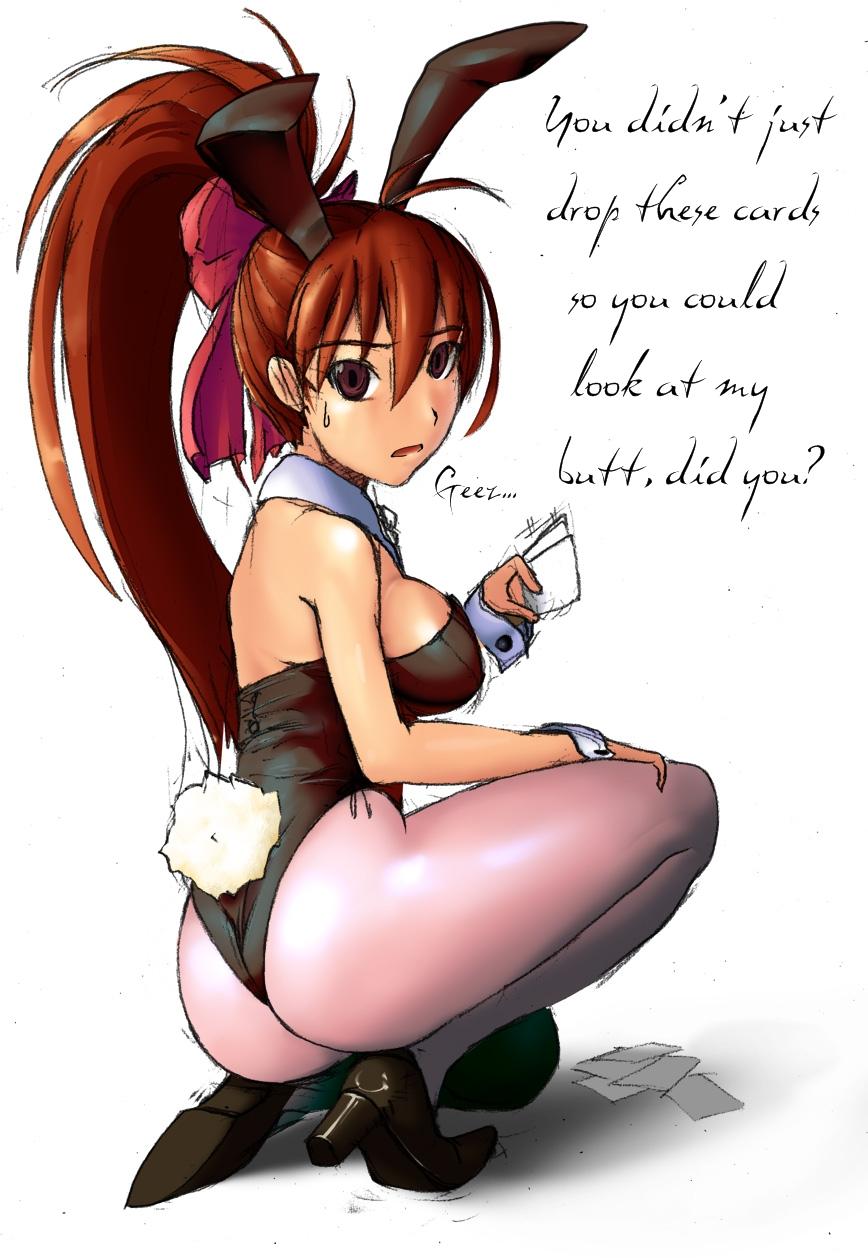 andou jumu, jumu, shinme kaede, original, hard-translated, highres, third-party edit, translated, 1girl, animal ears, ass, brown eyes, brown hair, card, cuffs, fake animal ears, female focus, high heels, kneeling, long hair, pantyhose, playboy bunny, ponytail, rabbit ears, rabbit tail, ribbon, sweatdrop, tail