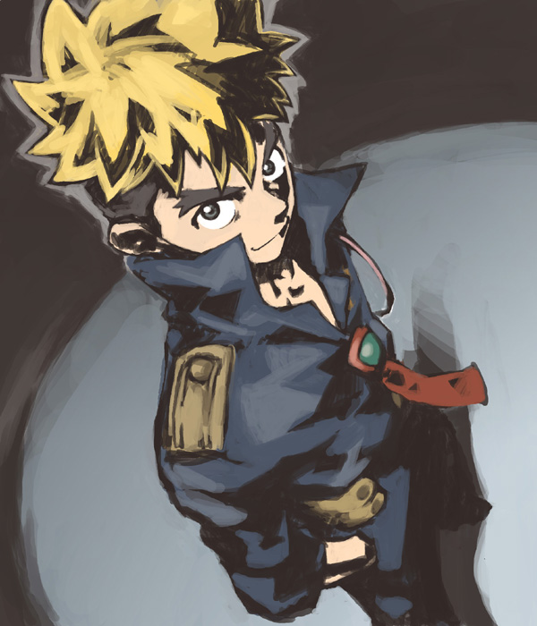 rc, kittan bachika, tengen toppa gurren lagann, uniform, 00s, 1boy, blonde hair, collar, formal clothes, looking at viewer, male focus, necktie, red necktie, solo, spiked hair, standing, suit