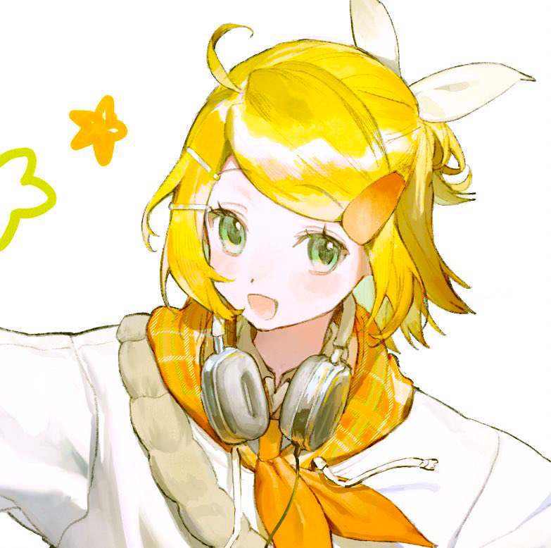 pogpa47985618, kagamine rin, vocaloid, 1girl, ascot, blonde hair, bow, eyelashes, from above, green eyes, hair bow, half updo, hood, hoodie, light blush, looking at viewer, looking up, open mouth, orange ascot, orange hood, plaid ascot, plaid clothes, ponytail, short hair, smile, solo, swept bangs, white bow, white hoodie
