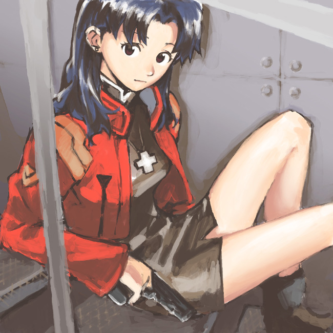 rc, katsuragi misato, neon genesis evangelion, 1girl, black hair, brown eyes, cross, female focus, gun, jacket, jewelry, long legs, necklace, solo, weapon