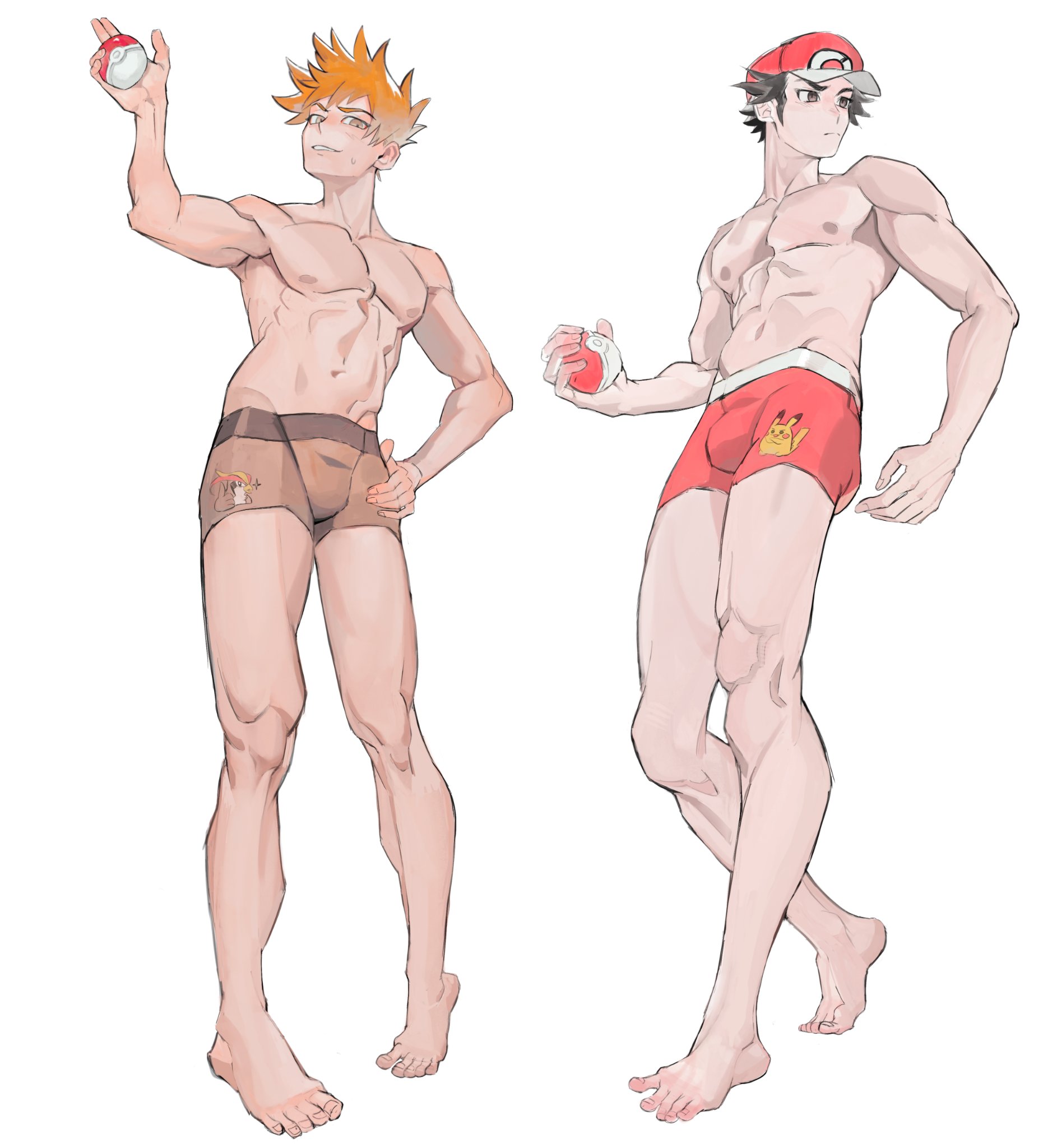 blue oak, red (pokemon), nintendo, pokemon, commentary request, highres, 2boys, baseball cap, boxer briefs, brown eyes, brown male underwear, bulge, full body, hat, holding, holding poke ball, male focus, male underwear, mewnar, multiple boys, muscular, nipples, poke ball, poke ball (basic), red hat, red male underwear, salute, spiked hair, topless male, two-finger salute, underwear