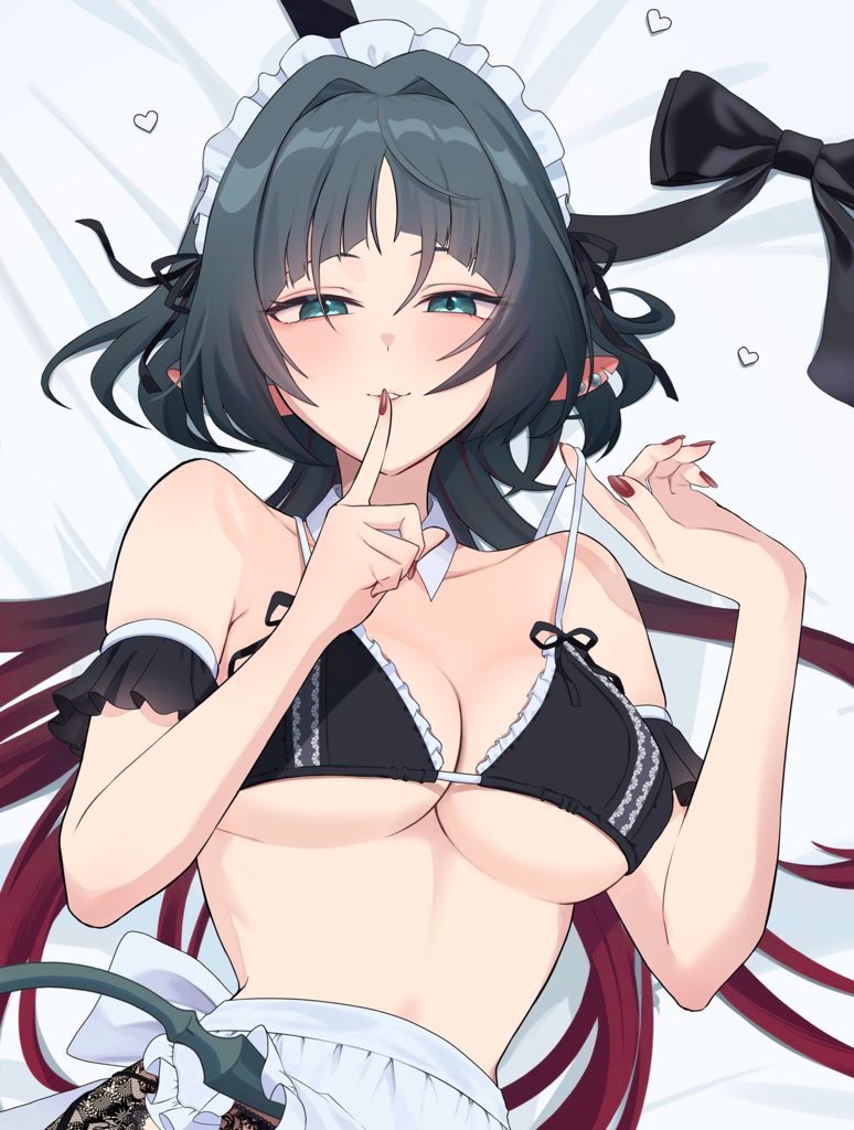 ruaruayana, jane doe (zenless zone zero), zenless zone zero, commentary request, 1girl, alternate costume, animal ears, bikini, black bow, black hair, blunt bangs, blush, bow, bra, breasts, detached sleeves, enmaided, finger to mouth, frilled bra, frills, gradient hair, green eyes, hair intakes, index finger raised, large breasts, long hair, looking at viewer, lying, maid, maid bikini, maid headdress, mouse ears, mouse girl, mouse tail, multicolored hair, on back, on bed, red hair, red nails, seductive smile, shushing, smile, solo, strap pull, swimsuit, tail, unconventional maid, underboob, underwear