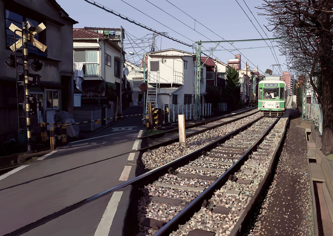 ritoru (snow), tokyo metropolitan bureau of transportation, cityscape, house, no humans, overhead line, power lines, railroad crossing, railroad tracks, real world location, realistic, road, scenery, street, streetcar, tokyo (city), toshima (tokyo), train, tree, vanishing point, vehicle focus