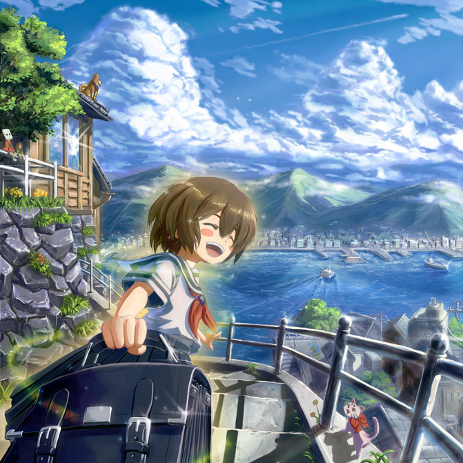 kakisuke, hitotsubashi tama, hitotsubashi yurie, kamichu!, bad id, bad pixiv id, 00s, 2girls, boat, cat, city, day, mountain, multiple girls, outdoors, scenery, school uniform, serafuku, sky, solo focus, water, watercraft