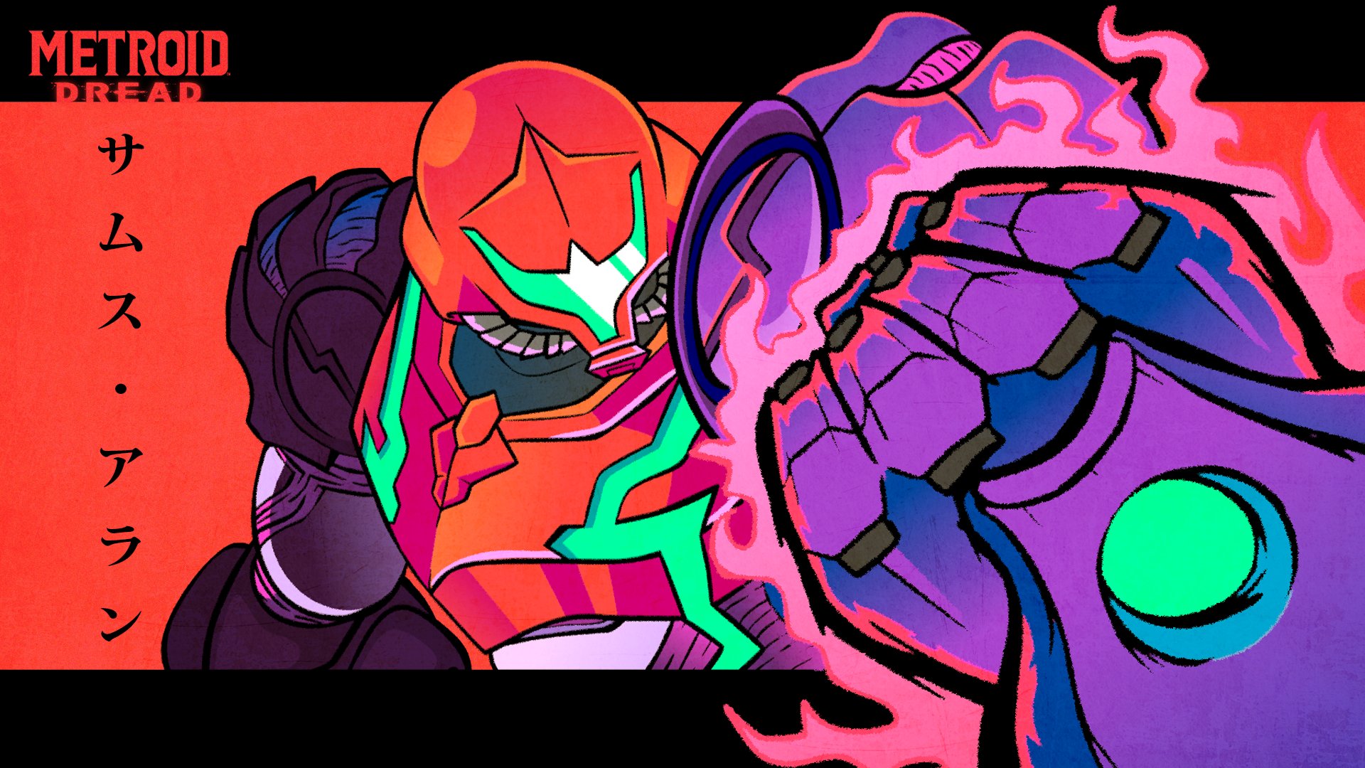 samus aran, metroid, metroid dread, nintendo, commentary, english commentary, highres, 1girl, armor, assault visor, clenched hand, copyright name, glowing, glowing hand, gravity suit (metroid), ngz0ne, power armor, power suit (metroid), purple armor, red background, two-tone armor, two-tone background