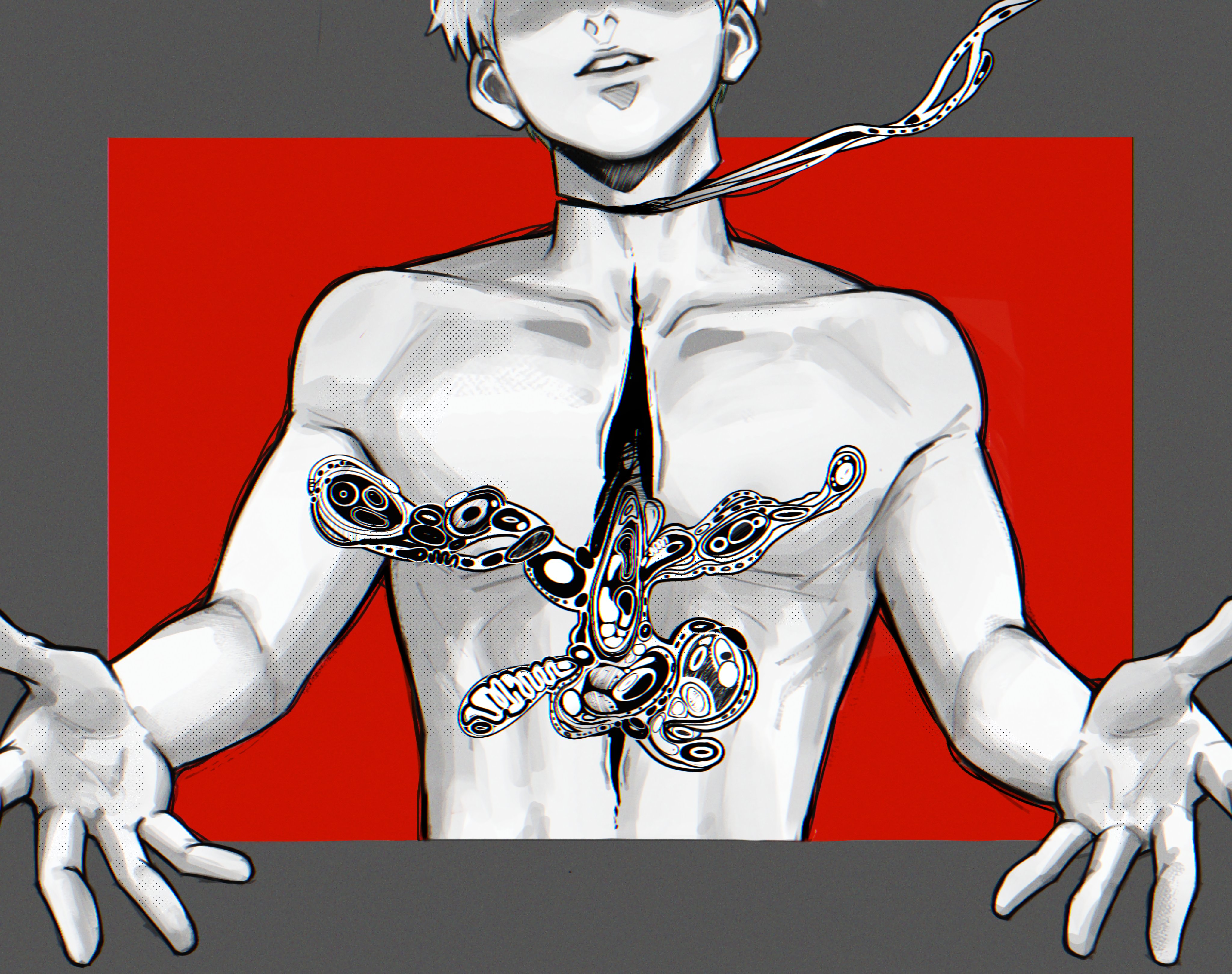 indou hikaru, hikaru ga shinda natsu, absurdres, highres, 1boy, bl0bfishnell, body horror, border, decapitation, deep wound, grey border, injury, male focus, no nipples, nude, pale skin, reaching, reaching towards viewer, red background, short hair, simple background, solo, teeth, upper body, white hair