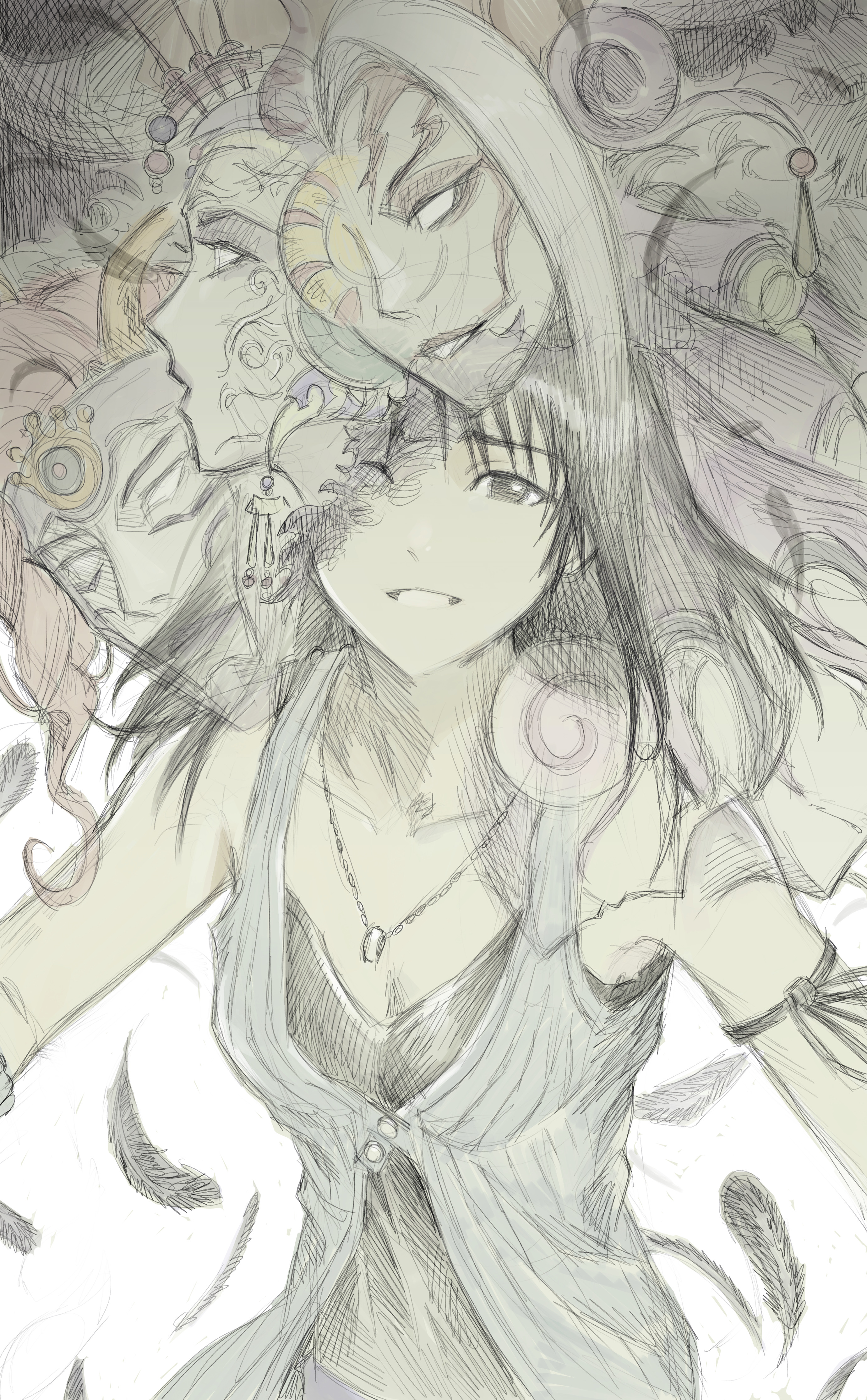 9twoeight, edea kramer, rinoa heartilly, ultimecia, final fantasy, final fantasy viii, absurdres, highres, 3girls, adel (ff8), arm ribbon, black eyes, black feathers, black hair, black shirt, black tank top, blank eyes, falling feathers, feathers, jewelry, long hair, multiple girls, necklace, pale color, ribbon, ring, ring necklace, sad smile, shirt, sleeveless duster, surreal, tank top, upper body, v-neck