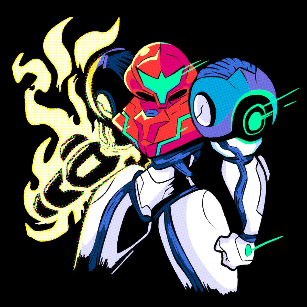 samus aran, metroid, metroid dread, nintendo, commentary, english commentary, highres, 1girl, arm cannon, armor, assault visor, black background, blue armor, clenched hand, glowing, multicolored armor, ngz0ne, power armor, power suit (metroid), red armor, simple background, weapon