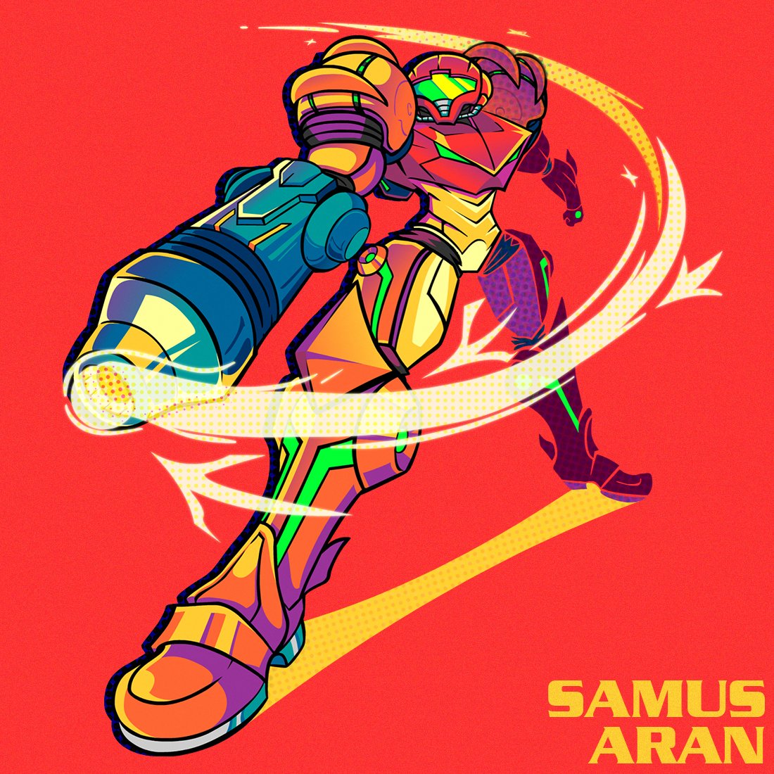 samus aran, metroid, nintendo, commentary, english commentary, arm cannon, armor, assault visor, character name, light trail, ngz0ne, power armor, power suit (metroid), red armor, red background, simple background, two-tone armor, varia suit, weapon
