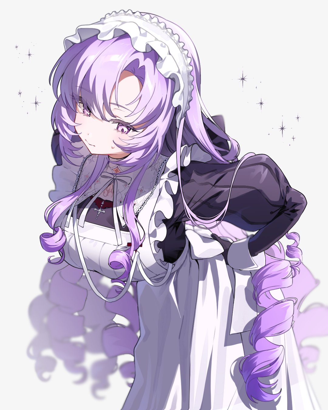 dangdidangdi, hyakumantenbara salome, hyakumantenbara salome (4th costume), nijisanji, hashtag-only commentary, highres, 1girl, adjusting apron, apron, asymmetrical bangs, black gloves, breasts, chest tattoo, closed mouth, drill hair, frilled apron, frills, gloves, juliet sleeves, large breasts, leaning forward, long hair, long sleeves, maid, maid apron, maid headdress, puffy sleeves, purple eyes, purple hair, simple background, solo, sparkle, sweatdrop, tattoo, very long hair, virtual youtuber, white apron, white background