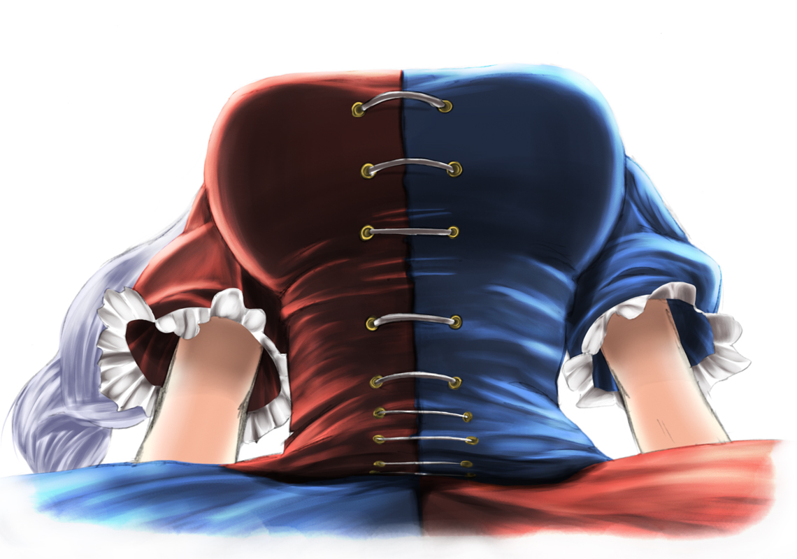 r0g0b0, yagokoro eirin, touhou, silver hair, bad id, bad pixiv id, 1girl, braid, breasts, female focus, from below, head out of frame, large breasts, long hair, solo