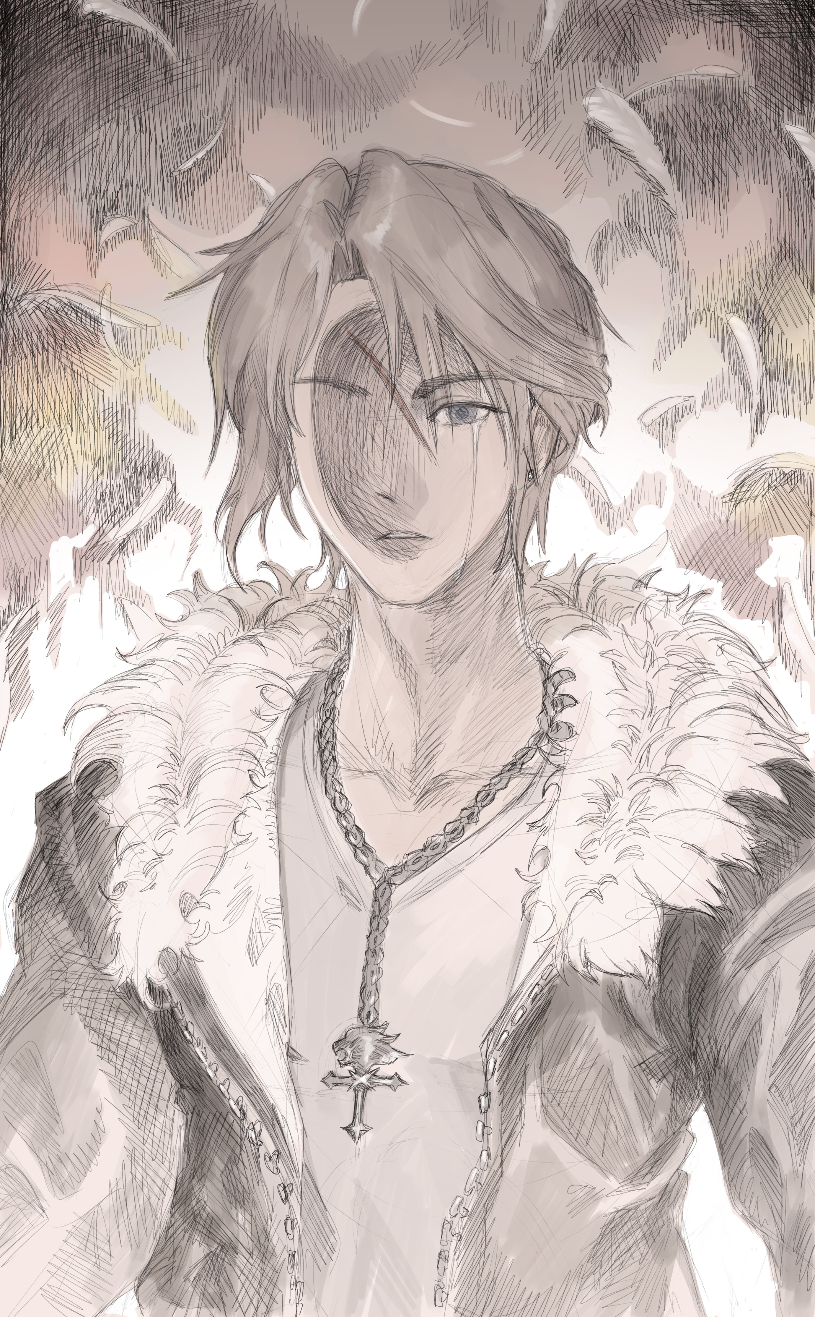 9twoeight, squall leonhart, final fantasy, final fantasy viii, absurdres, commentary, english commentary, highres, 1boy, blue eyes, brown hair, chain, chain necklace, crying, crying with eyes open, dated commentary, earrings, fur-trimmed jacket, fur trim, jacket, jewelry, male focus, necklace, open clothes, open jacket, parted lips, pendant, scar, scar on face, shirt, solo, stud earrings, tears, upper body, v-neck, white fur, white shirt