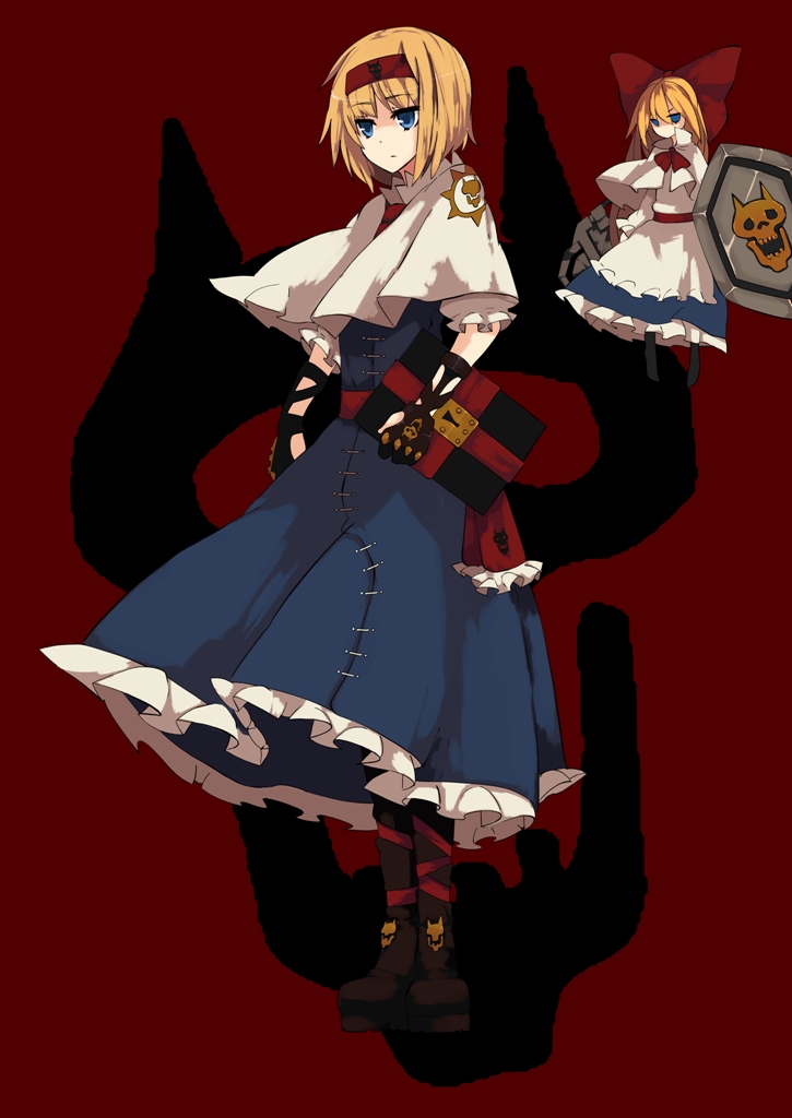 fuurin (omaemona), alice margatroid, shanghai doll, touhou, bad id, bad pixiv id, 1girl, blonde hair, blue eyes, book, doll, female focus, full body, hairband, long hair, shield, short hair, solo