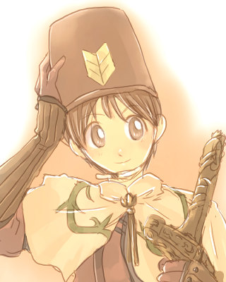 swordsman (ragnarok online), ragnarok online, commentary request, lowres, 1boy, brown eyes, brown gloves, brown hair, brown hat, brown shirt, capelet, closed mouth, dated commentary, gloves, hat, holding, holding sword, holding weapon, looking at viewer, male focus, oomojiya, shako cap, shirt, short hair, smile, solo, sword, weapon, white capelet