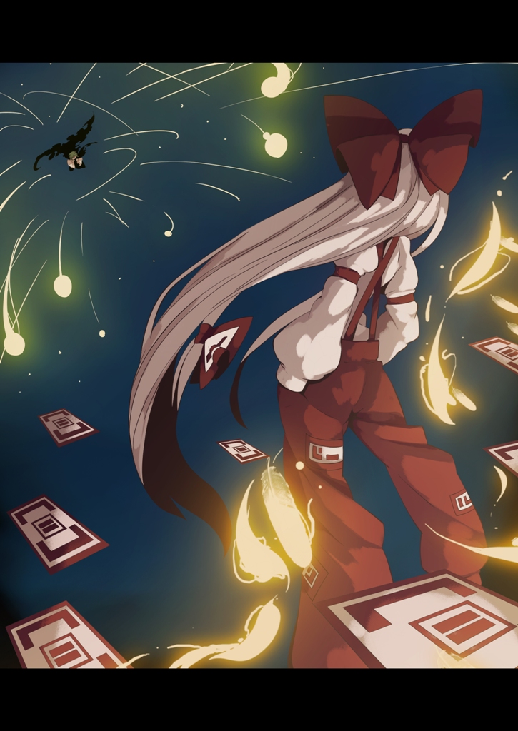 fuurin (omaemona), fujiwara no mokou, wriggle nightbug, touhou, silver hair, bad id, bad pixiv id, 2girls, antennae, bow, cape, feathers, female focus, fire, green hair, hair bow, hair ribbon, hands in pockets, letterboxed, long hair, multiple girls, ofuda, ribbon, short hair, star (sky), suspenders