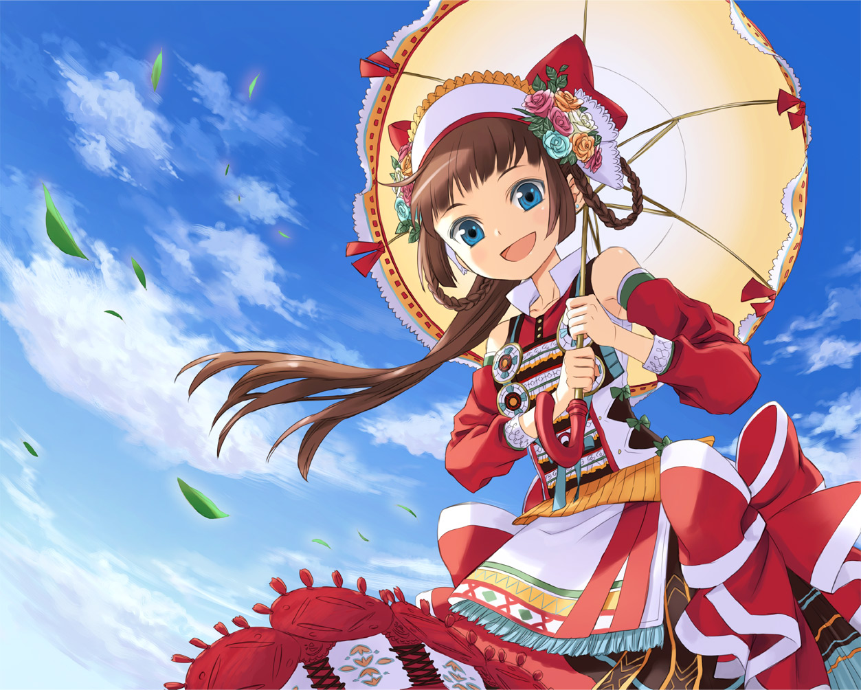 kaya8, original, bad id, bad pixiv id, 1girl, blue eyes, brown hair, cloud, day, female focus, sky, solo, umbrella