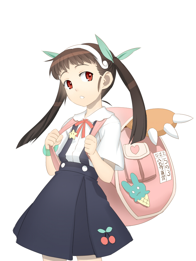 ga9, hachikuji mayoi, bakemonogatari, monogatari (series), bad id, bad pixiv id, 00s, 1girl, backpack, bag, black hair, dress, female focus, hair ribbon, hairband, randoseru, red eyes, ribbon, simple background, solo, twintails, white background
